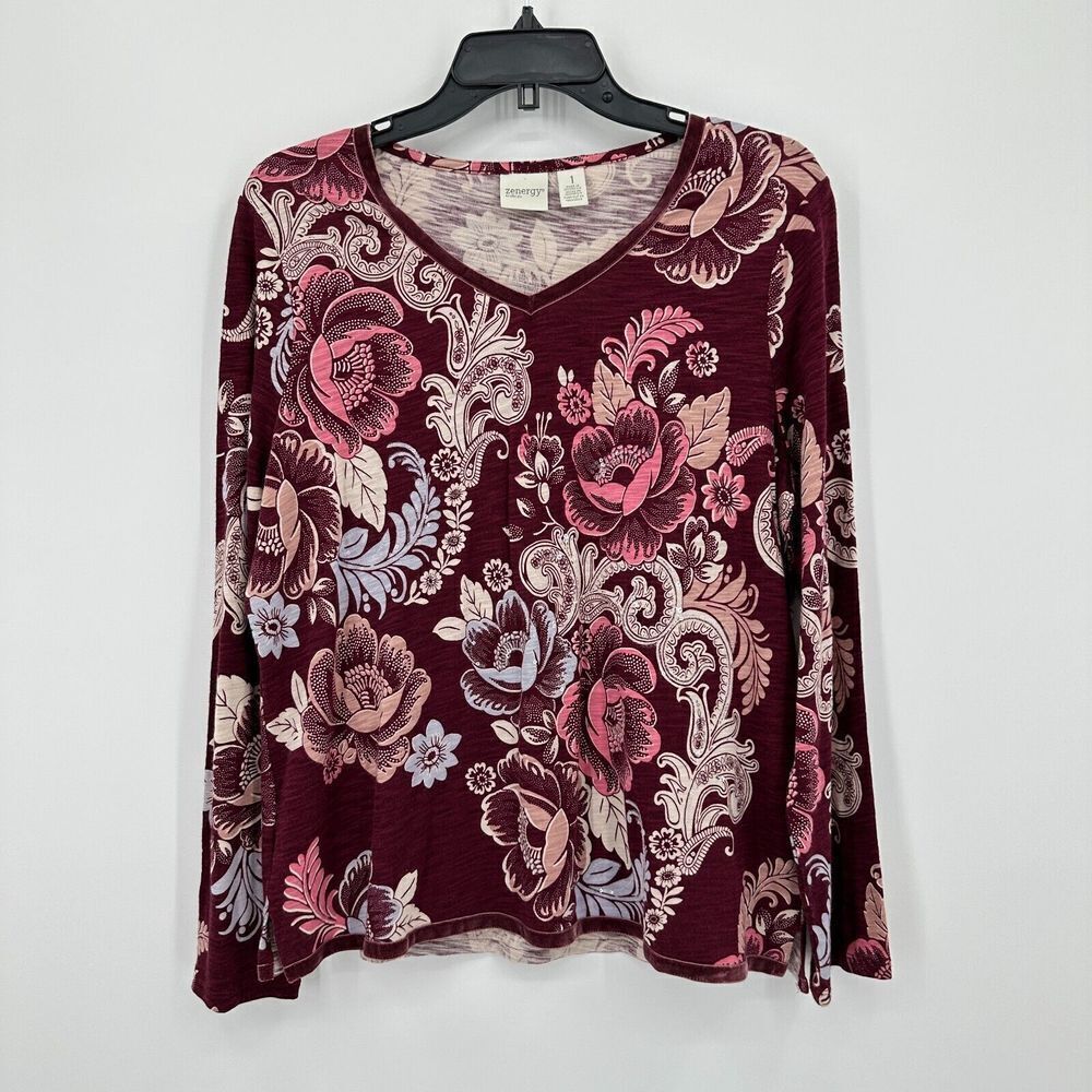 Zenergy By Chico's Top Womens M Red Cream Paisley‎ Floral Velvet Trims Sequins